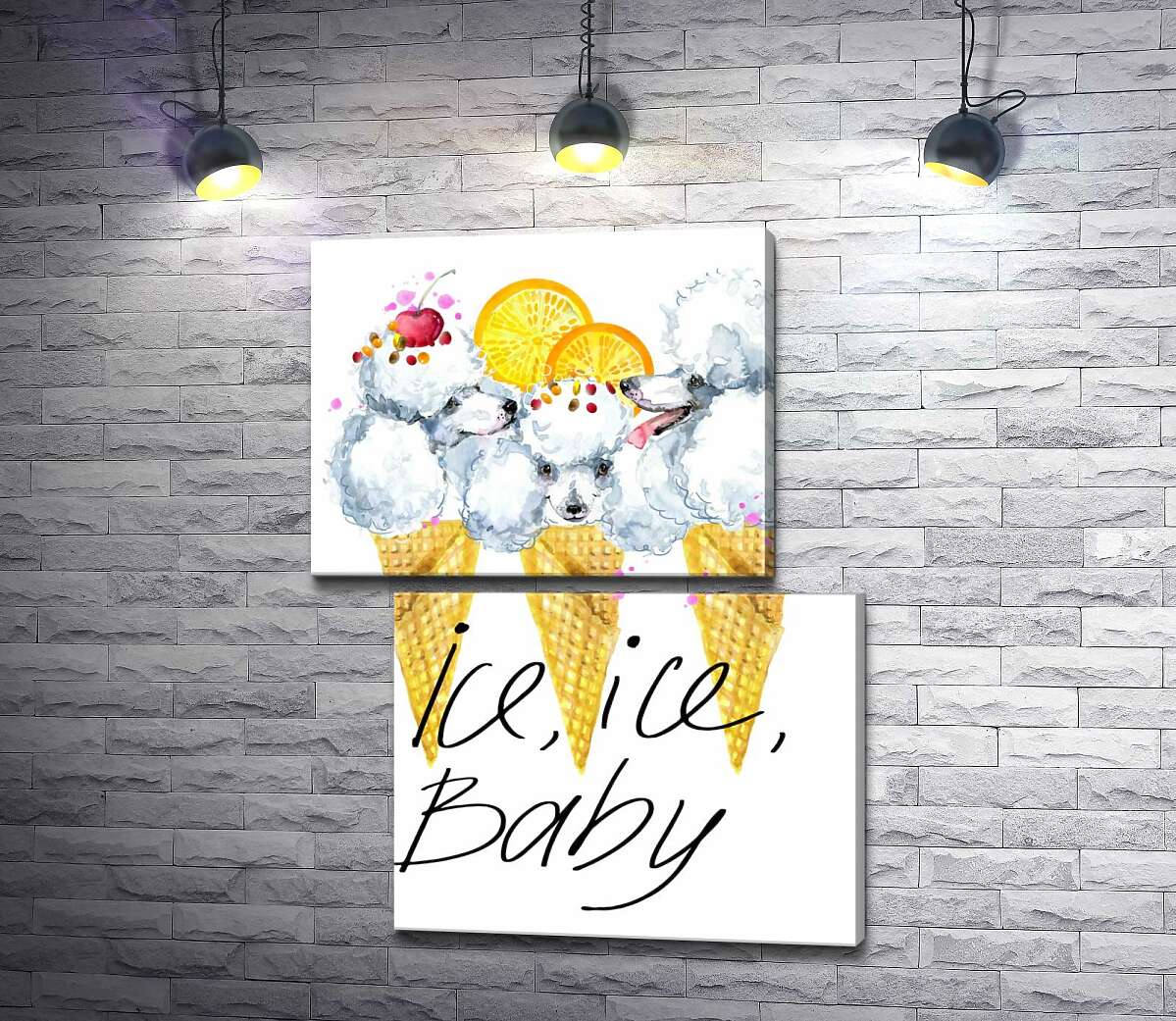 модульна картина Білі пухнасті пуделі в ріжках морозива з написом "ice, ice, baby" (Модуль №8)