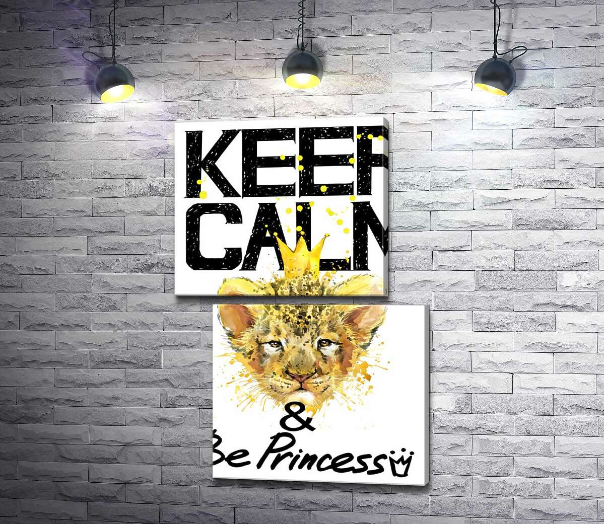 модульная картина Львенок в короне среди надписи "keep calm and be princess" (Модуль №8)