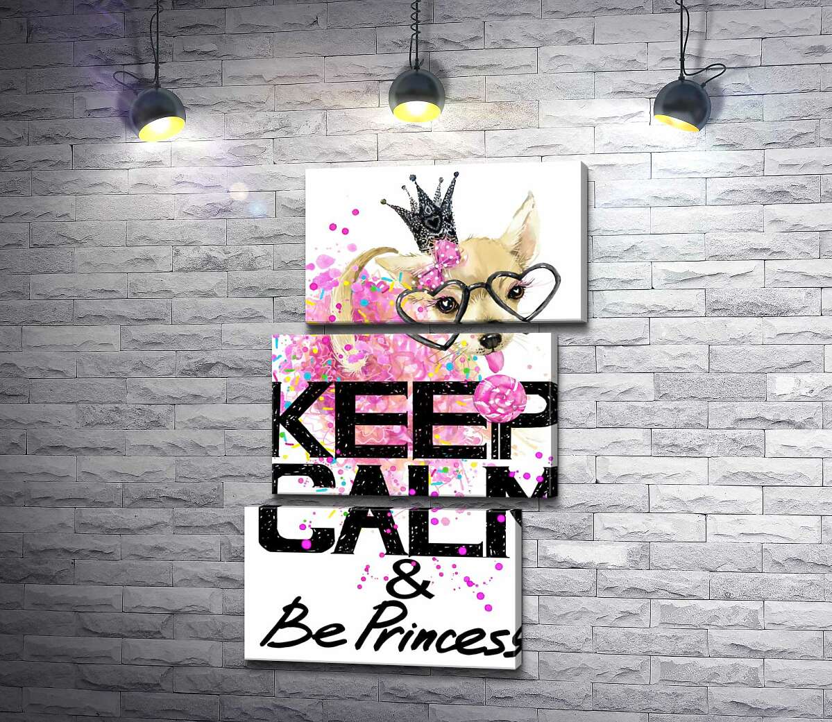 модульная картина Чихуахуа в пышной юбке с леденцом среди надписи "keep calm and be princess" (Модуль №17)