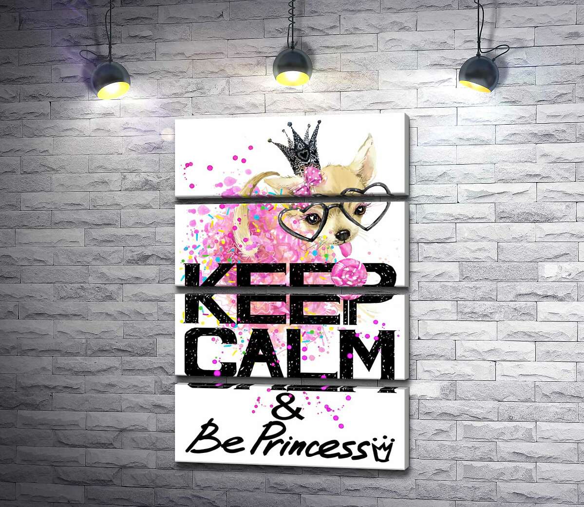 модульная картина Чихуахуа в пышной юбке с леденцом среди надписи "keep calm and be princess" (Модуль №22)