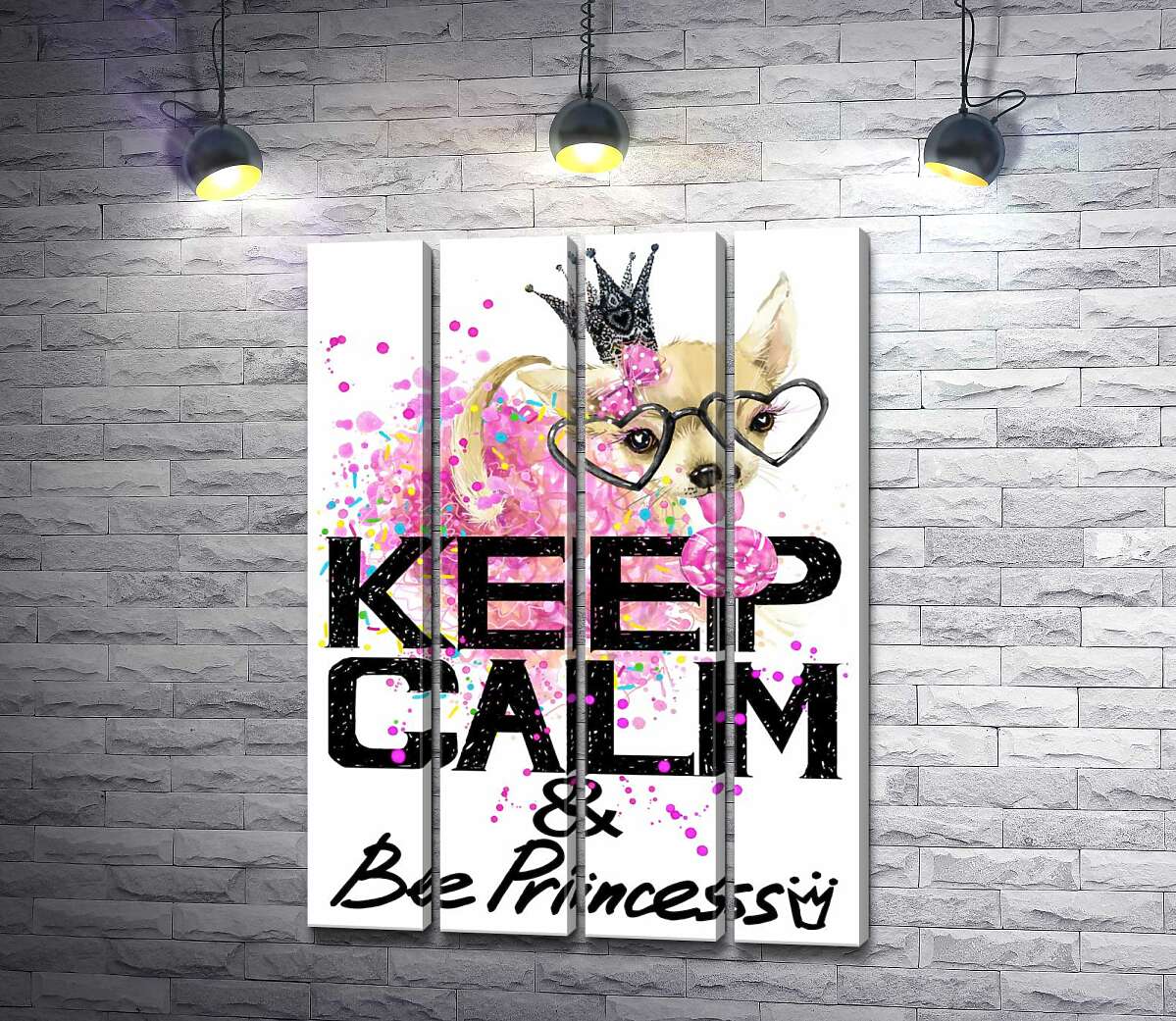 модульная картина Чихуахуа в пышной юбке с леденцом среди надписи "keep calm and be princess" (Модуль №24)