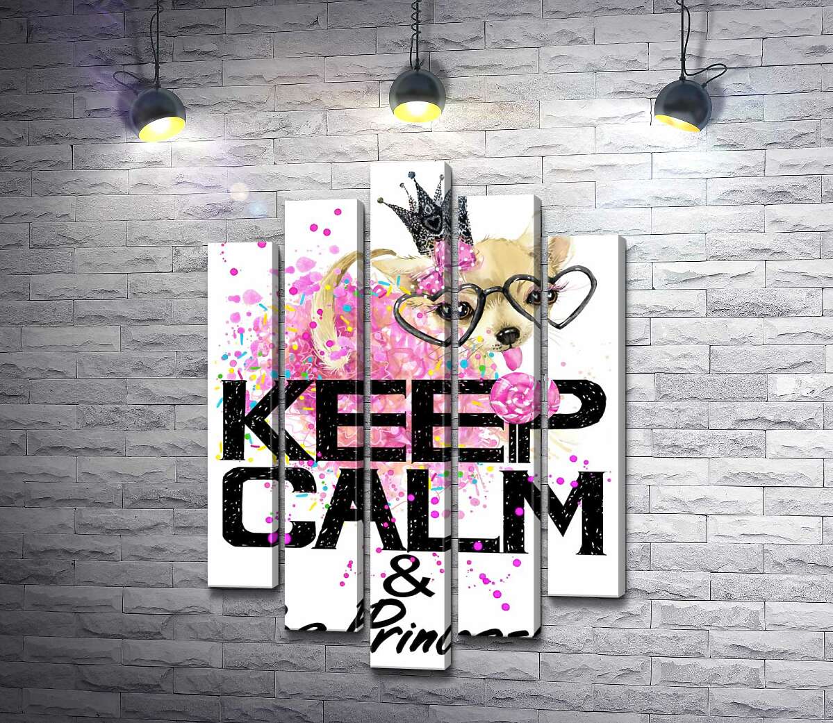 модульная картина Чихуахуа в пышной юбке с леденцом среди надписи "keep calm and be princess" (Модуль №4)