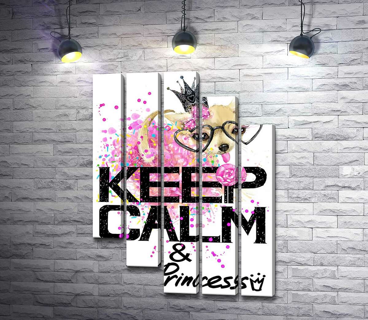 модульная картина Чихуахуа в пышной юбке с леденцом среди надписи "keep calm and be princess" (Модуль №28)