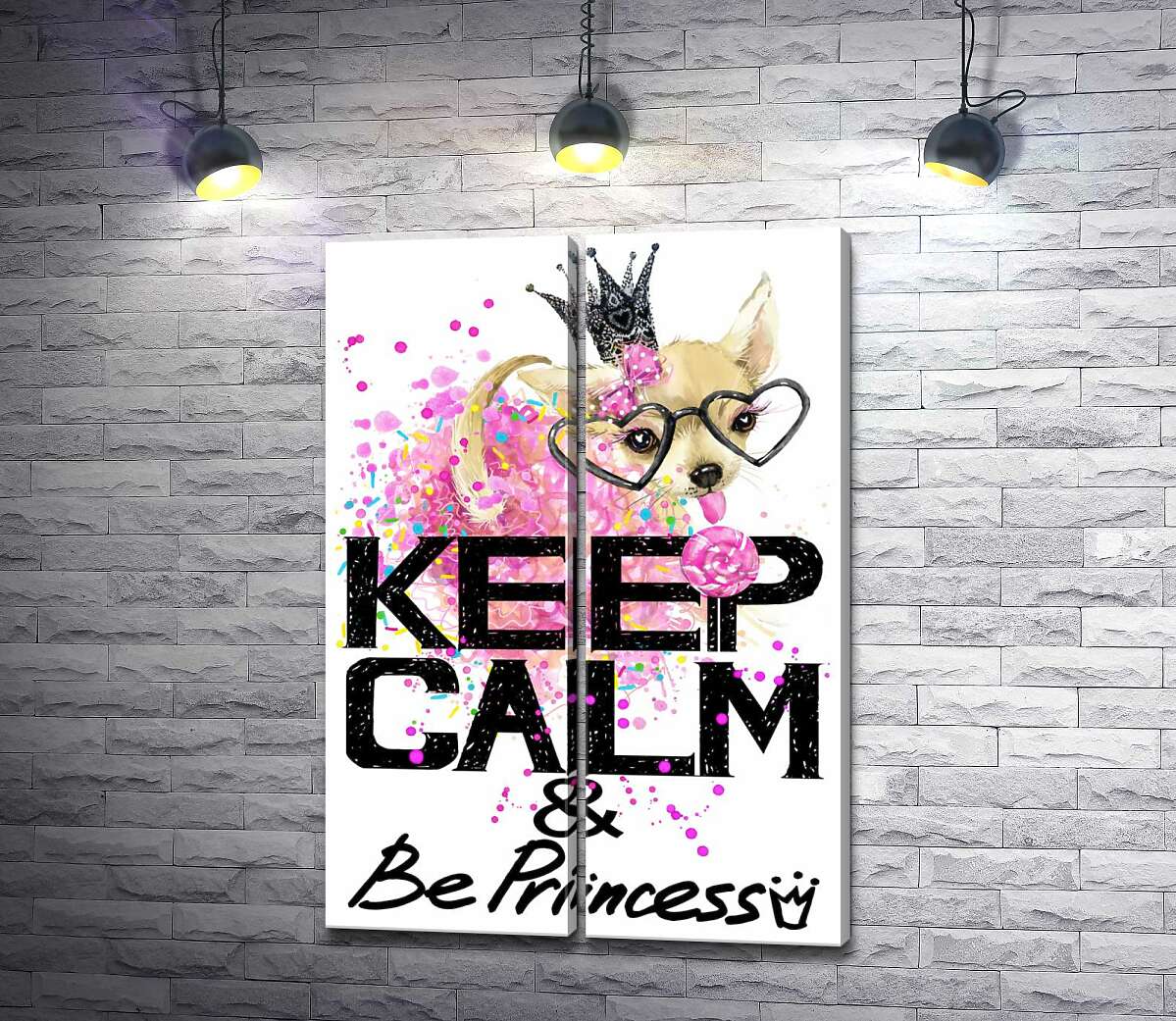 модульна картина Чихуахуа в пишній спідниці з льодяником серед напису "keep calm and be princess"
