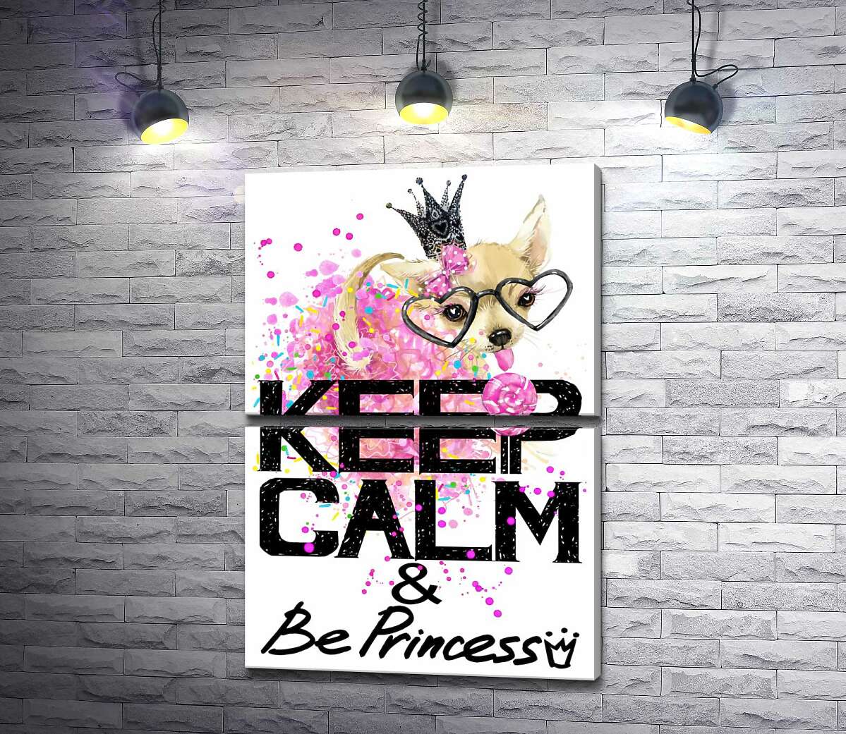 модульная картина Чихуахуа в пышной юбке с леденцом среди надписи "keep calm and be princess" (Модуль №7)