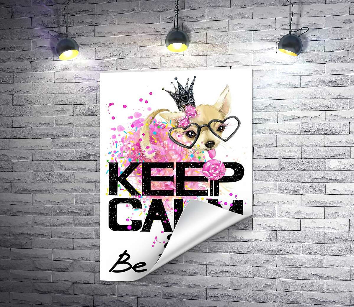 печать Чихуахуа в пышной юбке с леденцом среди надписи "keep calm and be princess"
