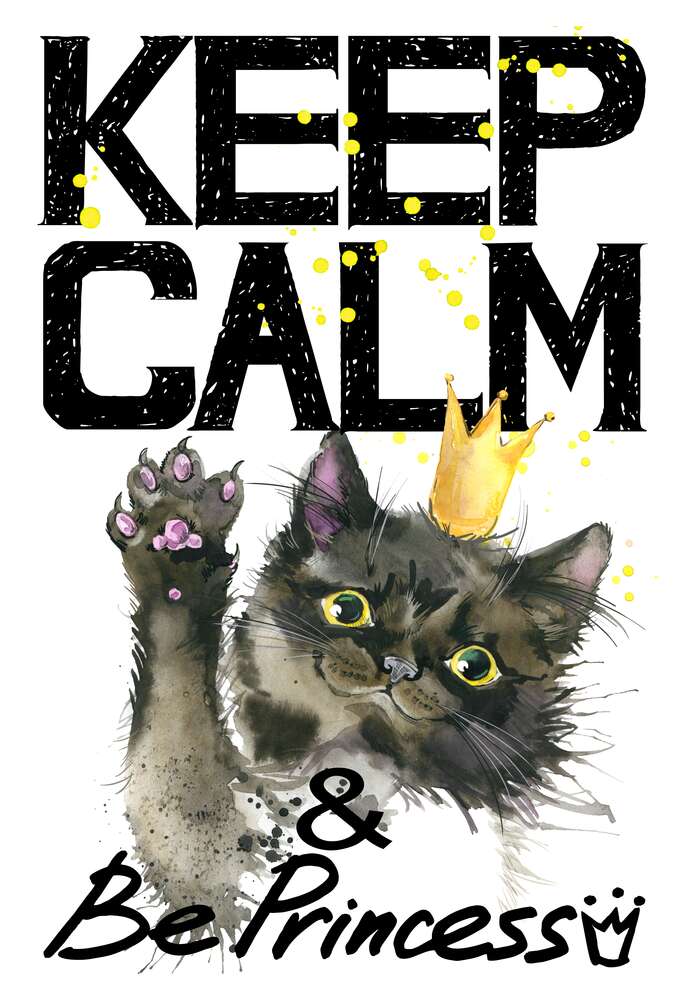 картина-постер Черная кошка в золотой короне среди надписи "keep calm and be princess"