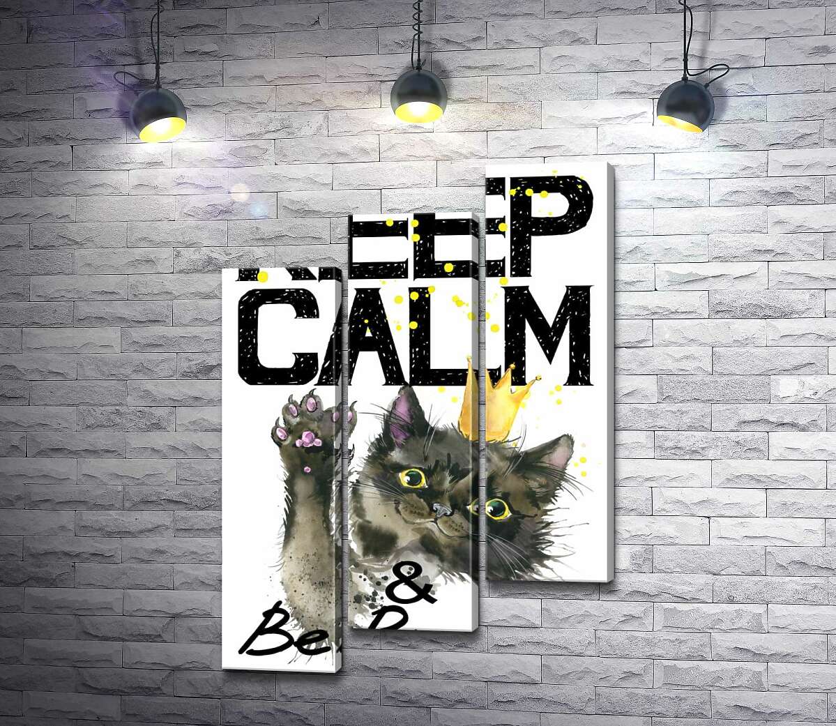 модульна картина Чорна кішка в золотій короні серед напису "keep calm and be princess" (Модуль №14)