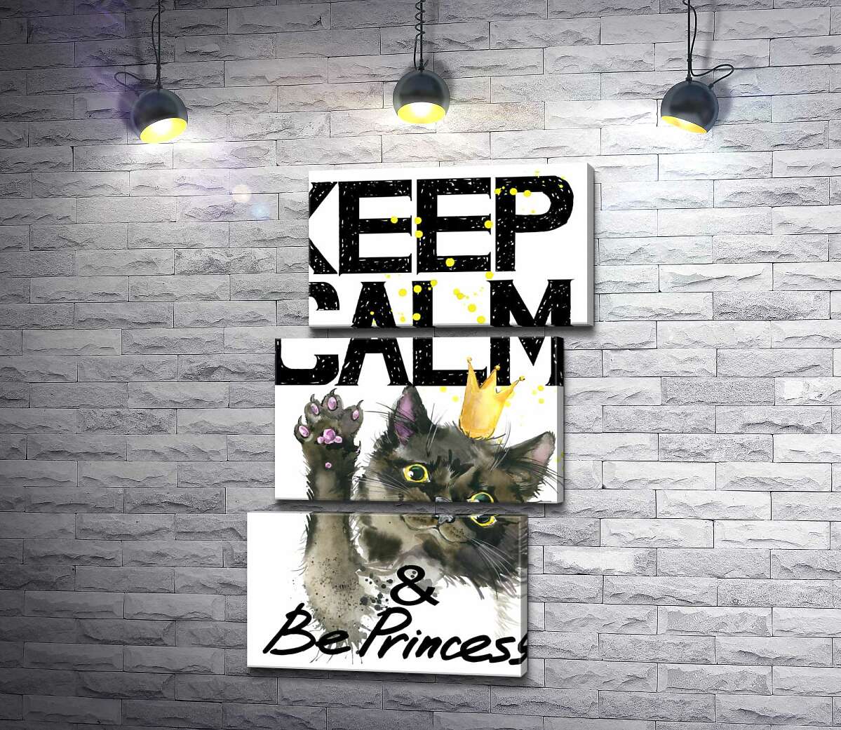 модульна картина Чорна кішка в золотій короні серед напису "keep calm and be princess" (Модуль №17)