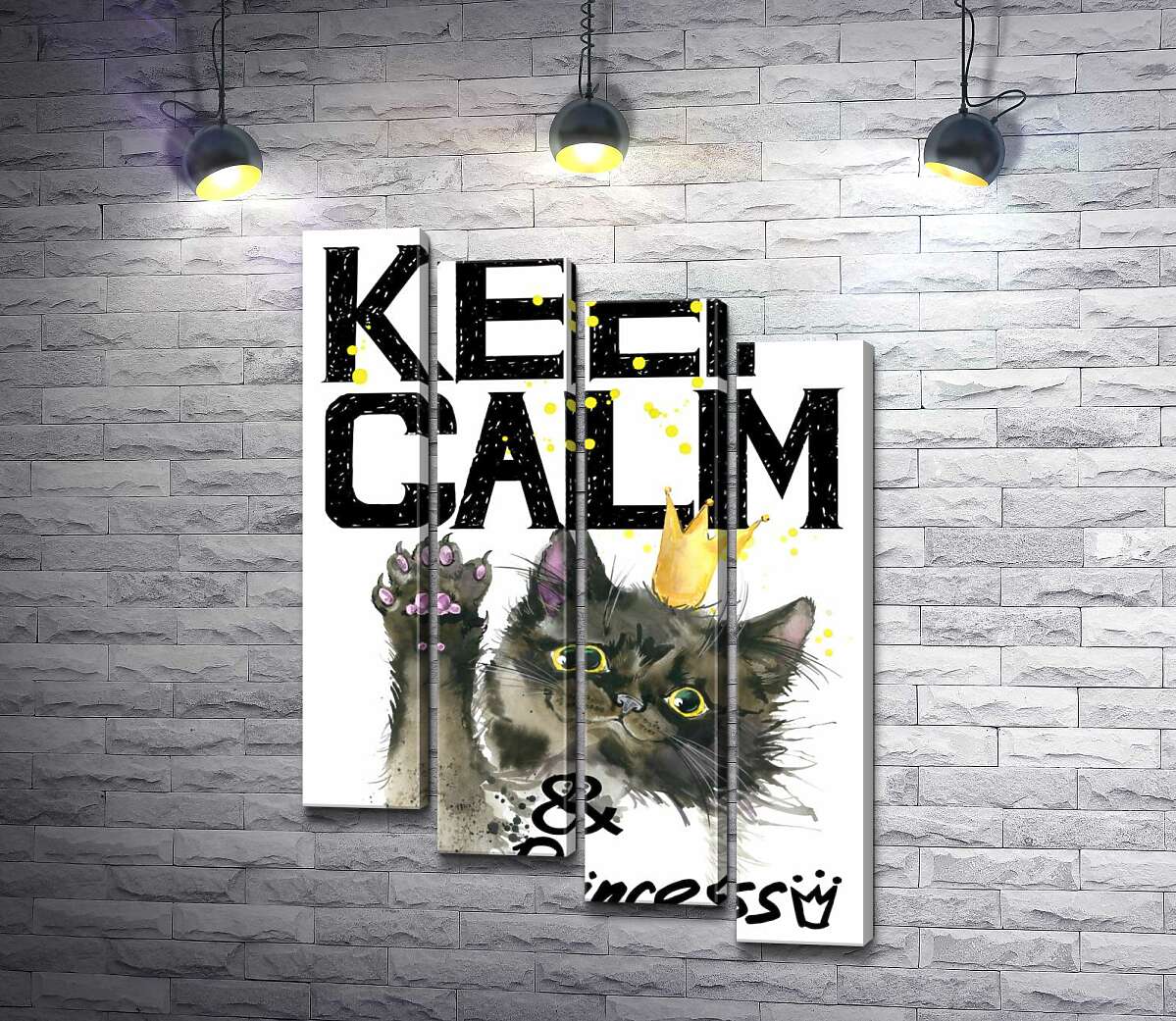 модульная картина Черная кошка в золотой короне среди надписи "keep calm and be princess" (Модуль №19)