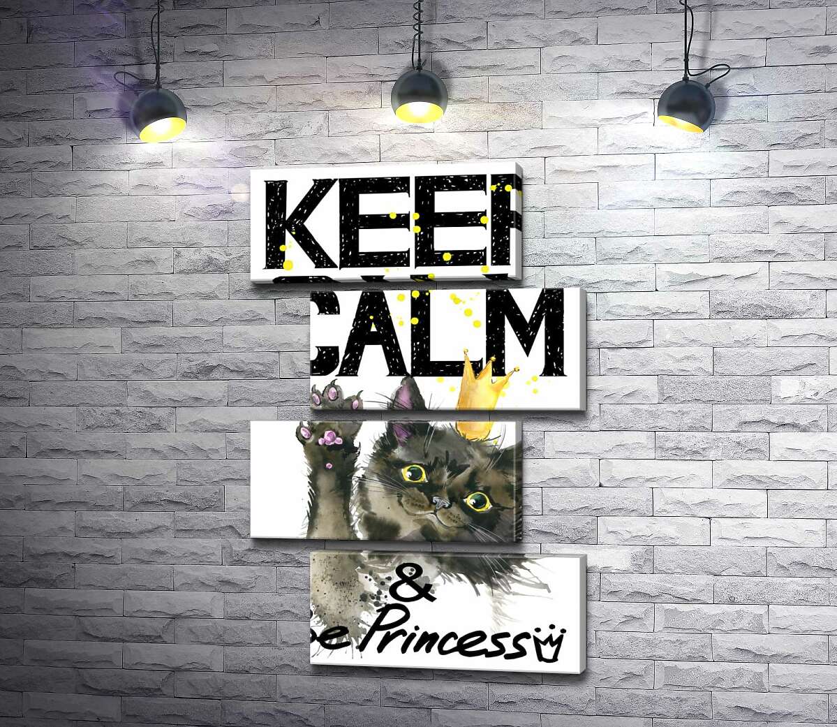 модульна картина Чорна кішка в золотій короні серед напису "keep calm and be princess" (Модуль №23)