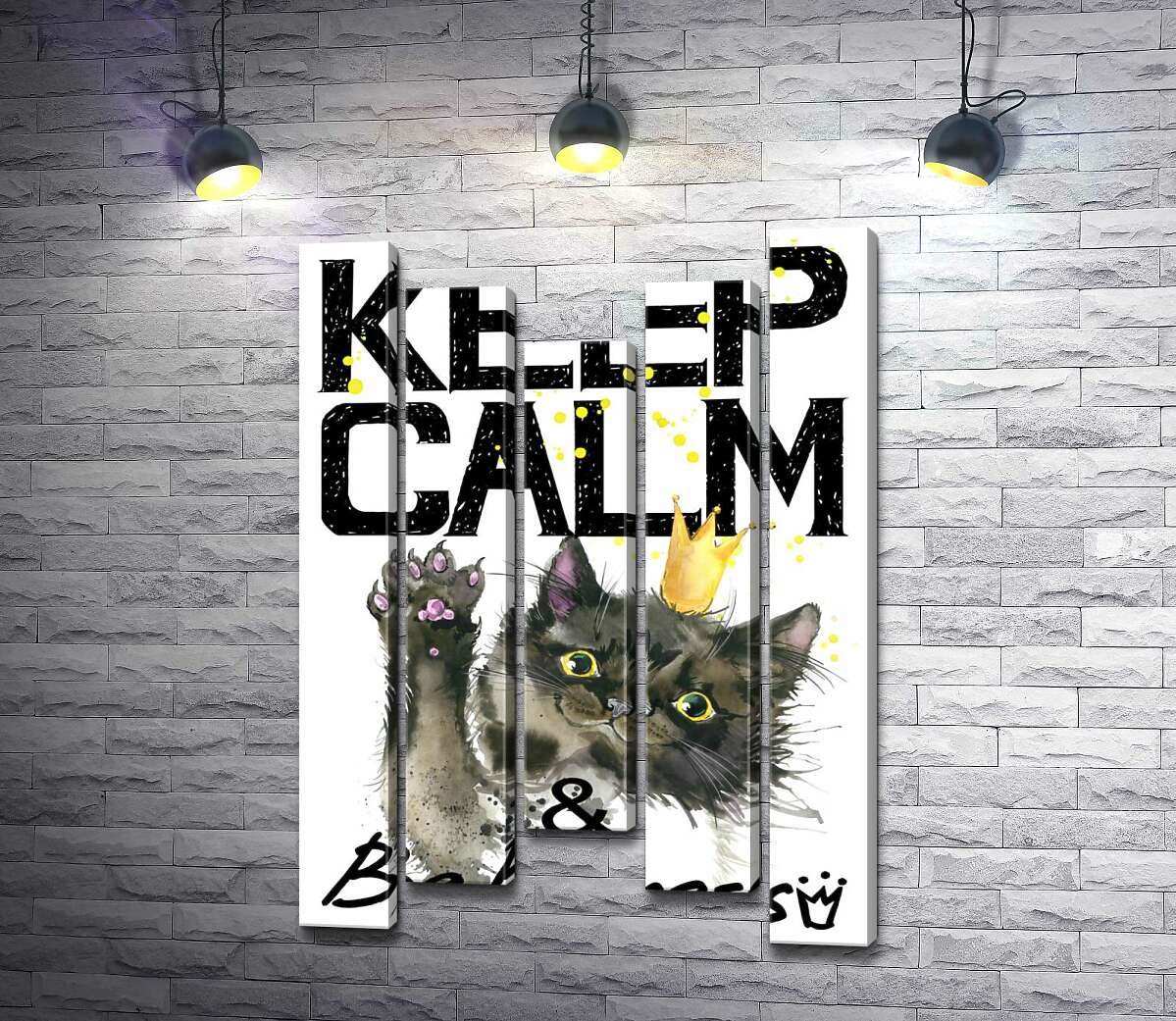 модульная картина Черная кошка в золотой короне среди надписи "keep calm and be princess" (Модуль №27)