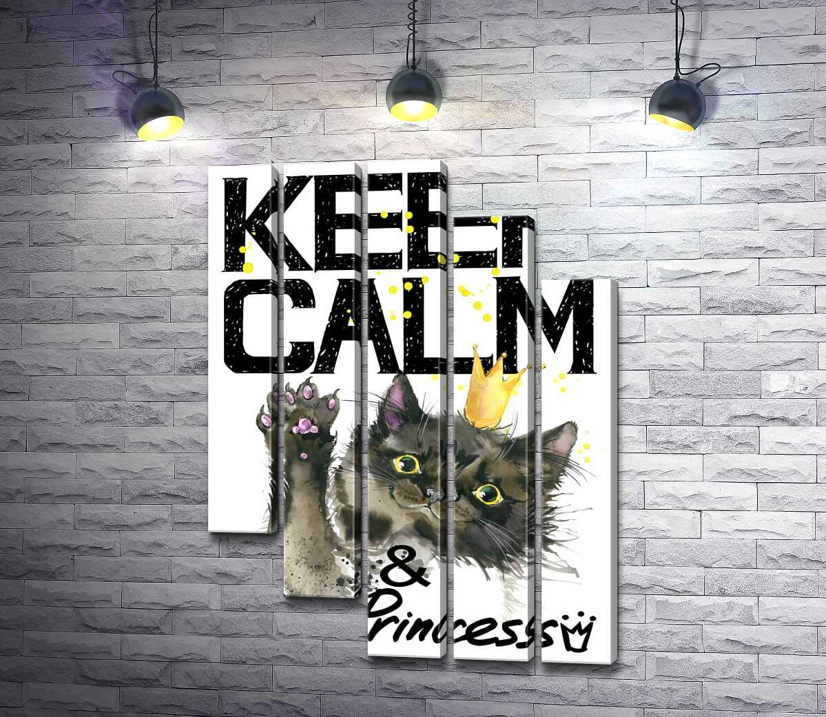 модульная картина Черная кошка в золотой короне среди надписи "keep calm and be princess" (Модуль №28)