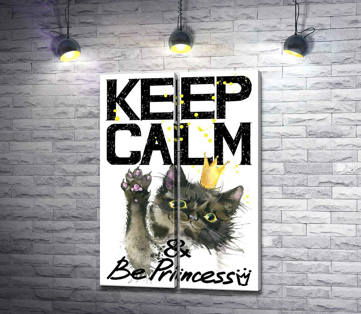 модульная картина Черная кошка в золотой короне среди надписи "keep calm and be princess"