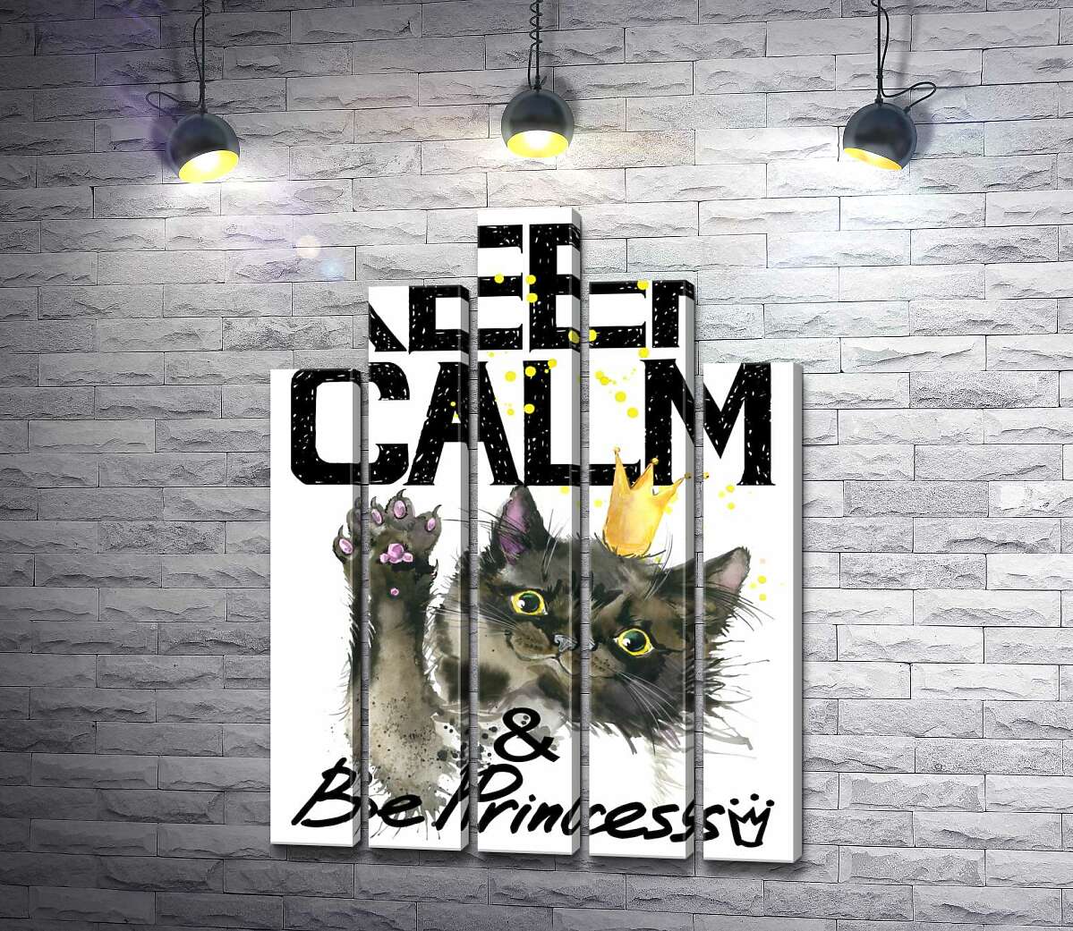 модульная картина Черная кошка в золотой короне среди надписи "keep calm and be princess" (Модуль №29)