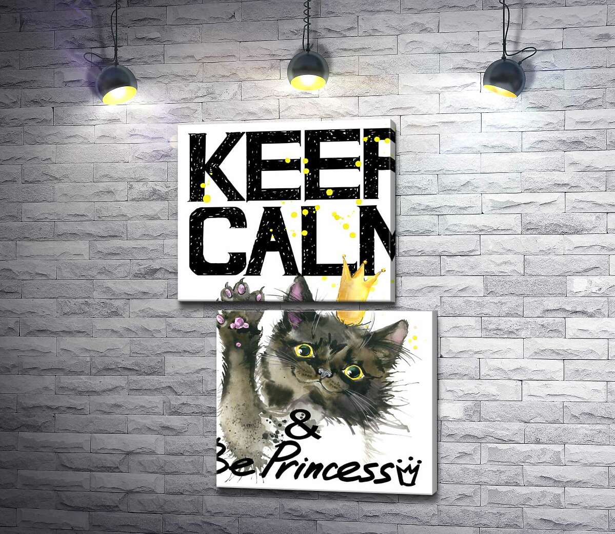 модульна картина Чорна кішка в золотій короні серед напису "keep calm and be princess" (Модуль №8)