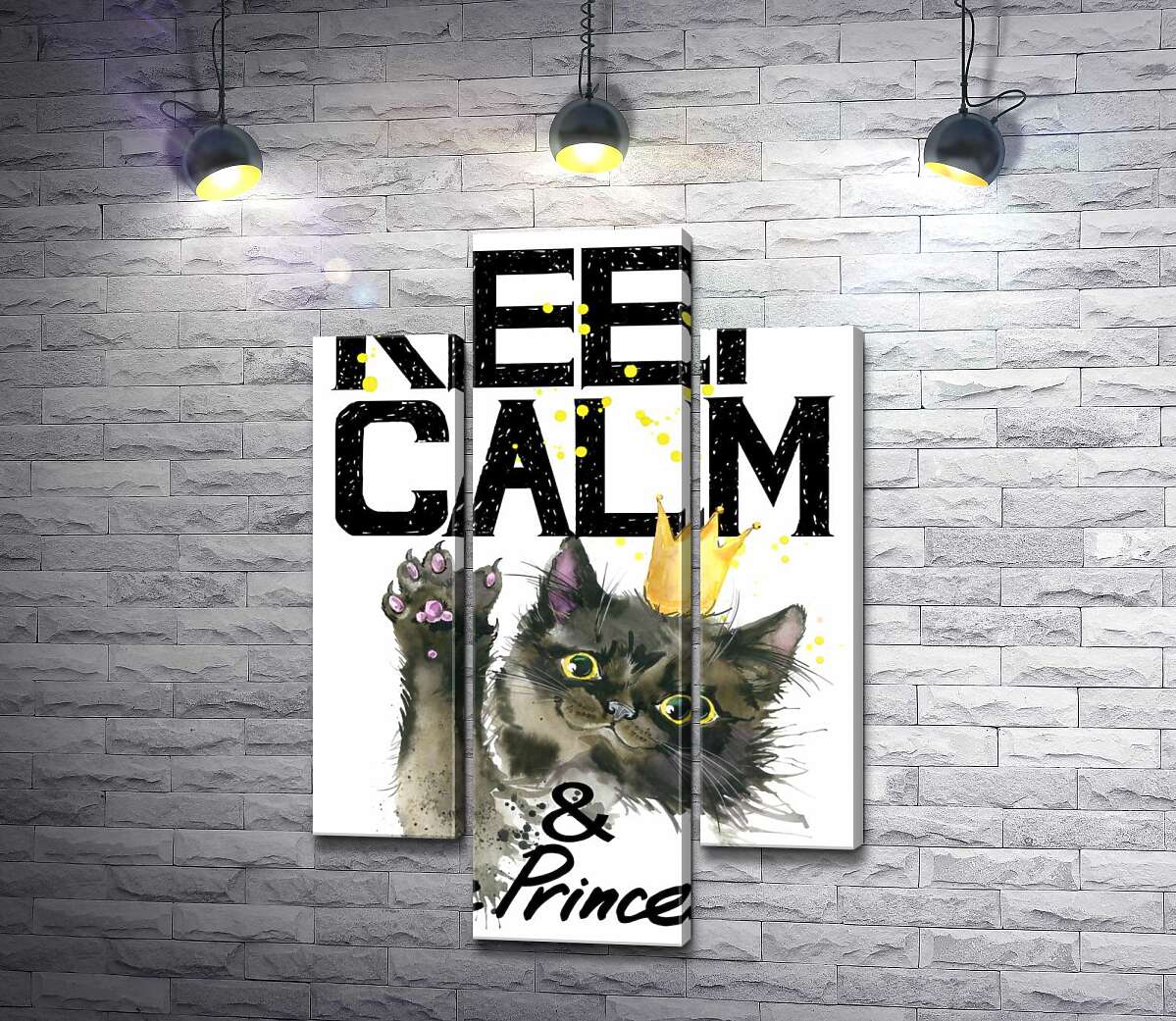 модульная картина Черная кошка в золотой короне среди надписи "keep calm and be princess" (Модуль №10)