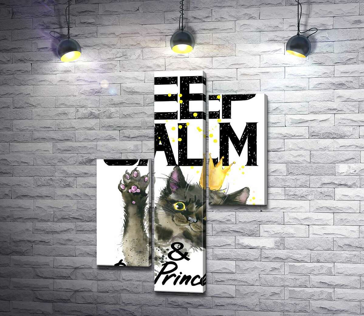 модульна картина Чорна кішка в золотій короні серед напису "keep calm and be princess" (Модуль №12)