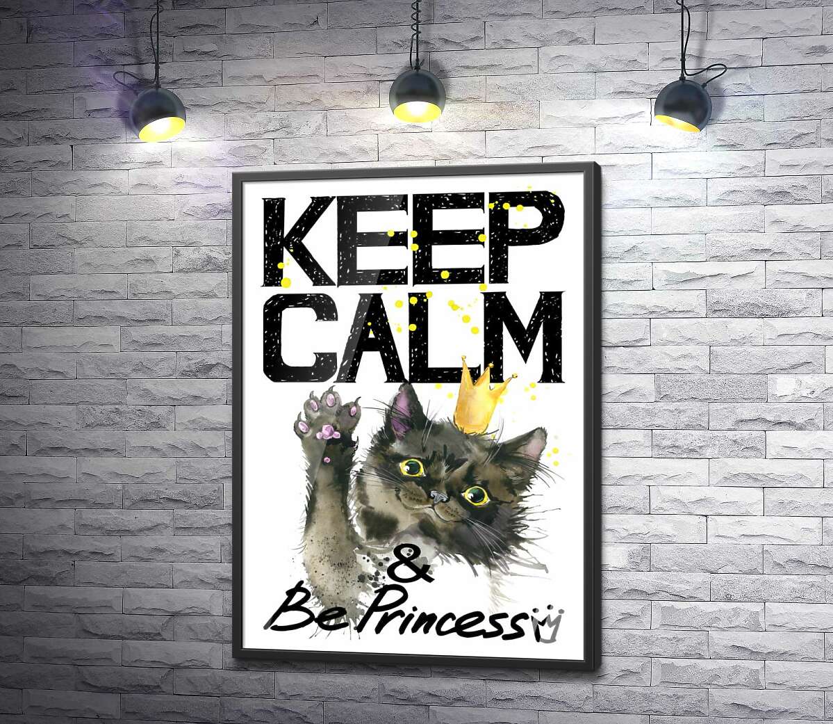 постер Черная кошка в золотой короне среди надписи "keep calm and be princess"