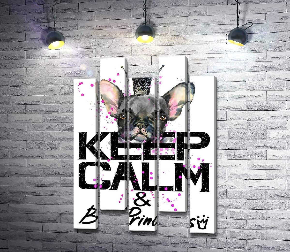 модульная картина Голова бульдога виднеется над надписью "keep calm and be princess" (Модуль №30)