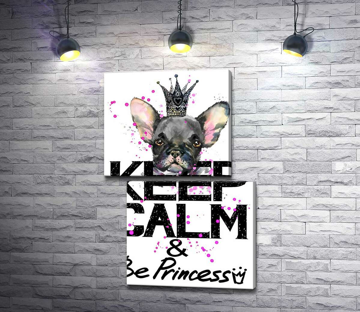 модульная картина Голова бульдога виднеется над надписью "keep calm and be princess" (Модуль №8)