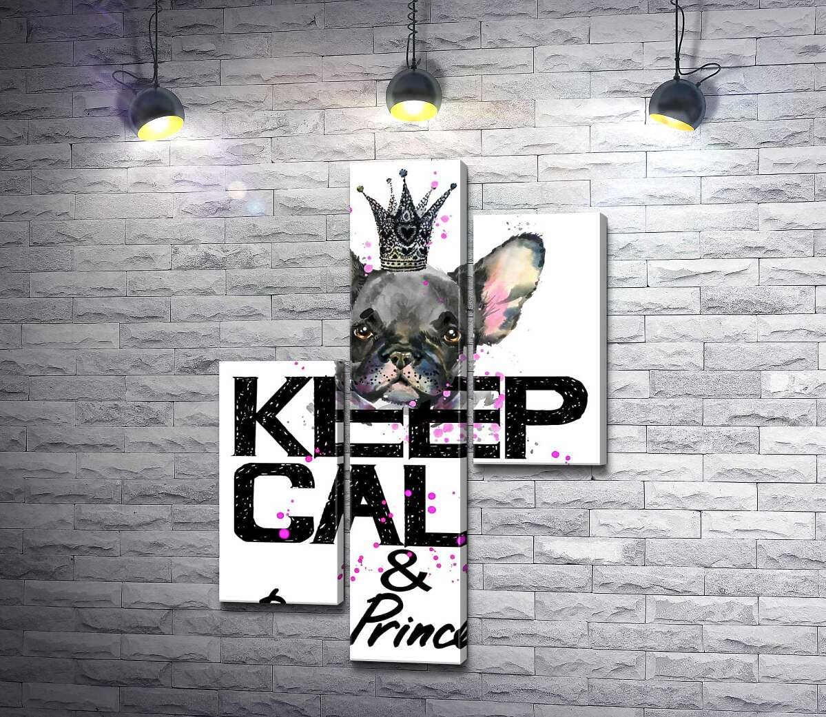 модульная картина Голова бульдога виднеется над надписью "keep calm and be princess" (Модуль №12)