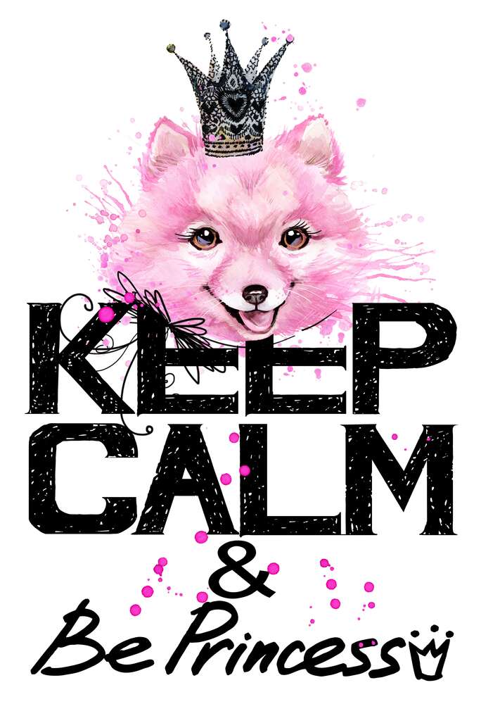 картина-постер Рожевий померанський шпіц з ажурною короною над написом "keep calm and be princess"