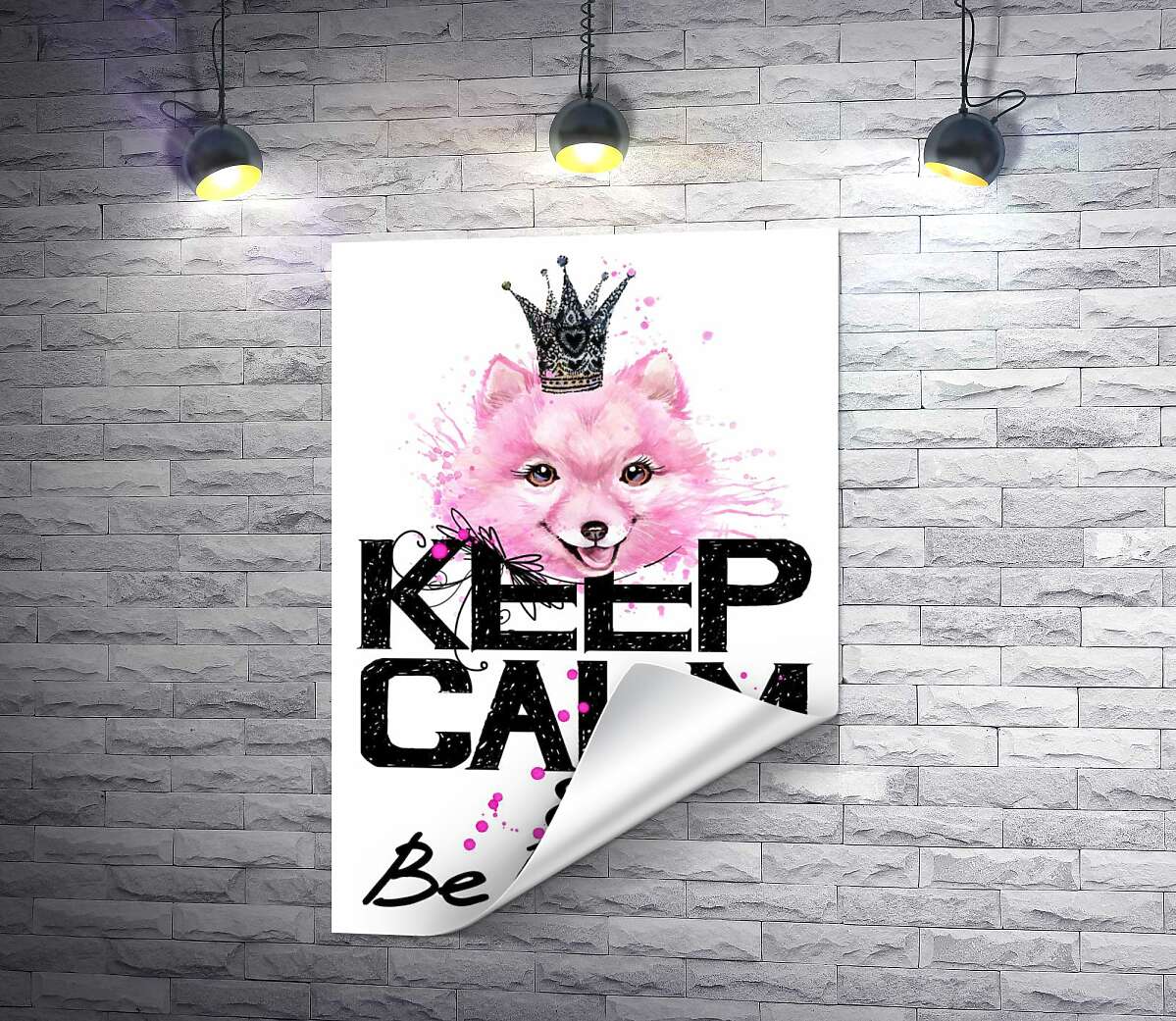 друк Рожевий померанський шпіц з ажурною короною над написом "keep calm and be princess"