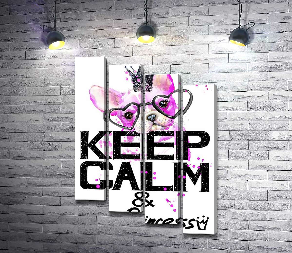 модульная картина Розовый бульдог в очках и короне над надписью "keep calm and be princess" (Модуль №19)