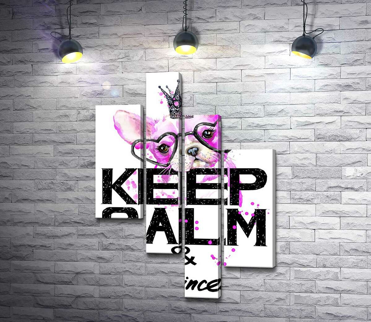 модульная картина Розовый бульдог в очках и короне над надписью "keep calm and be princess" (Модуль №21)