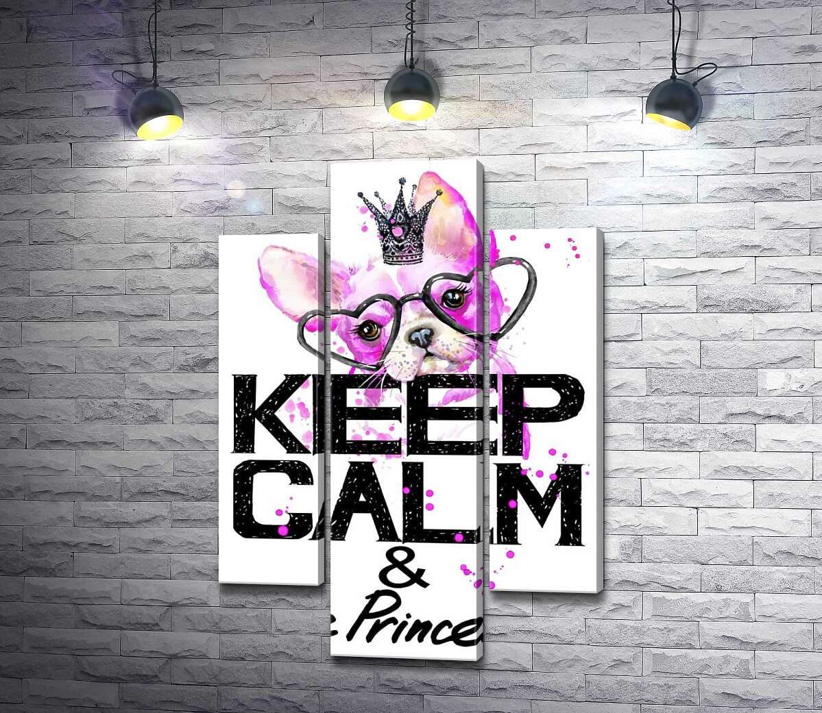 модульна картина Рожевий бульдог в окулярах та короні над написом "keep calm and be princess" (Модуль №10)