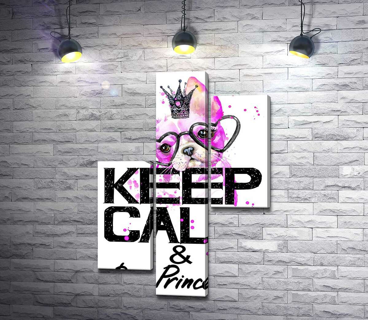модульна картина Рожевий бульдог в окулярах та короні над написом "keep calm and be princess" (Модуль №12)