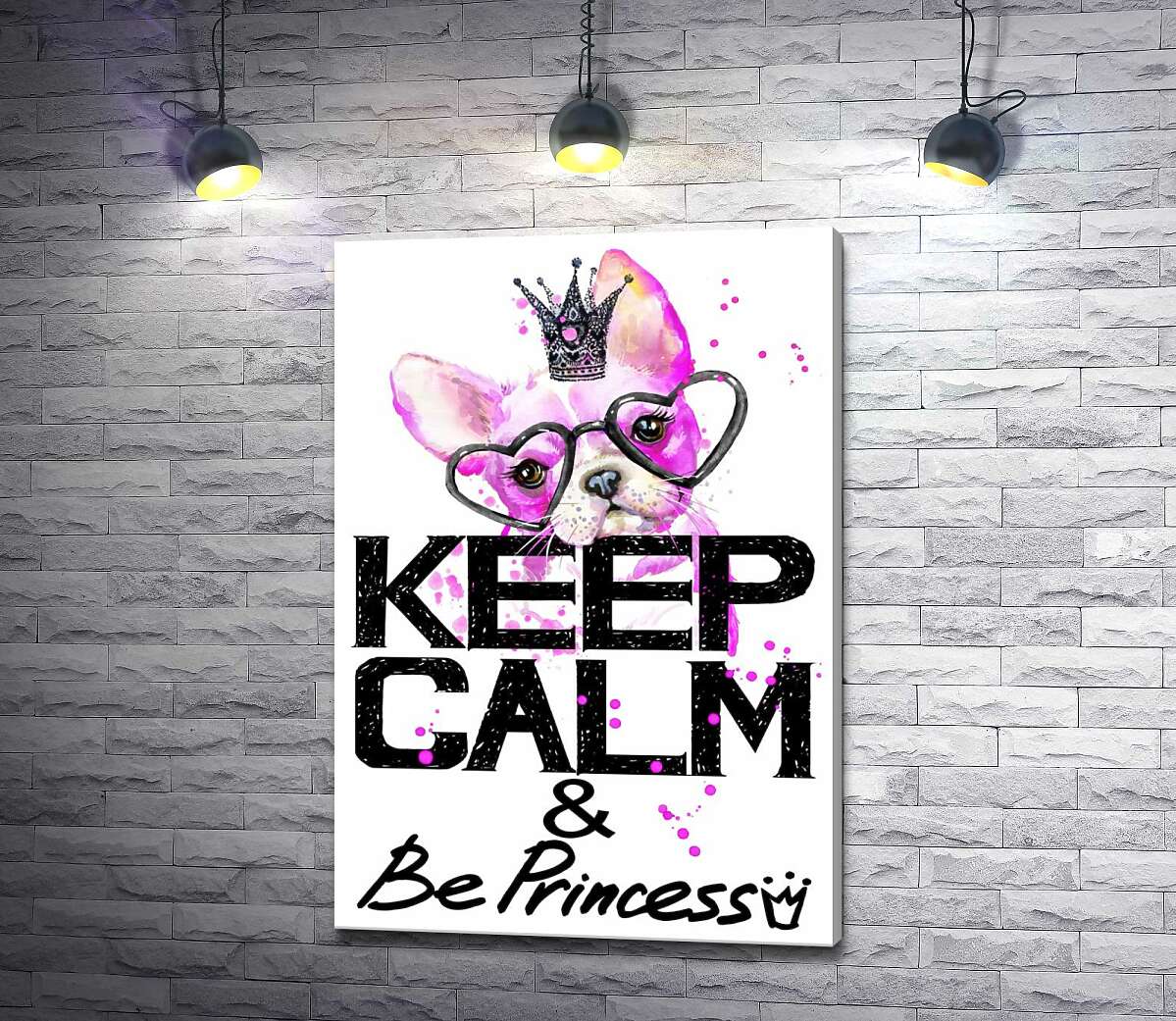 картина Рожевий бульдог в окулярах та короні над написом "keep calm and be princess"