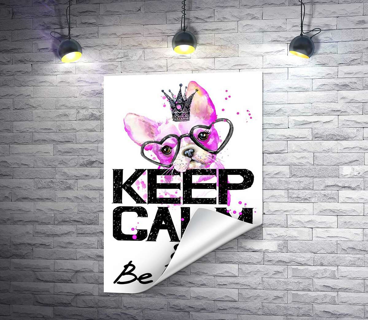 печать Розовый бульдог в очках и короне над надписью "keep calm and be princess"