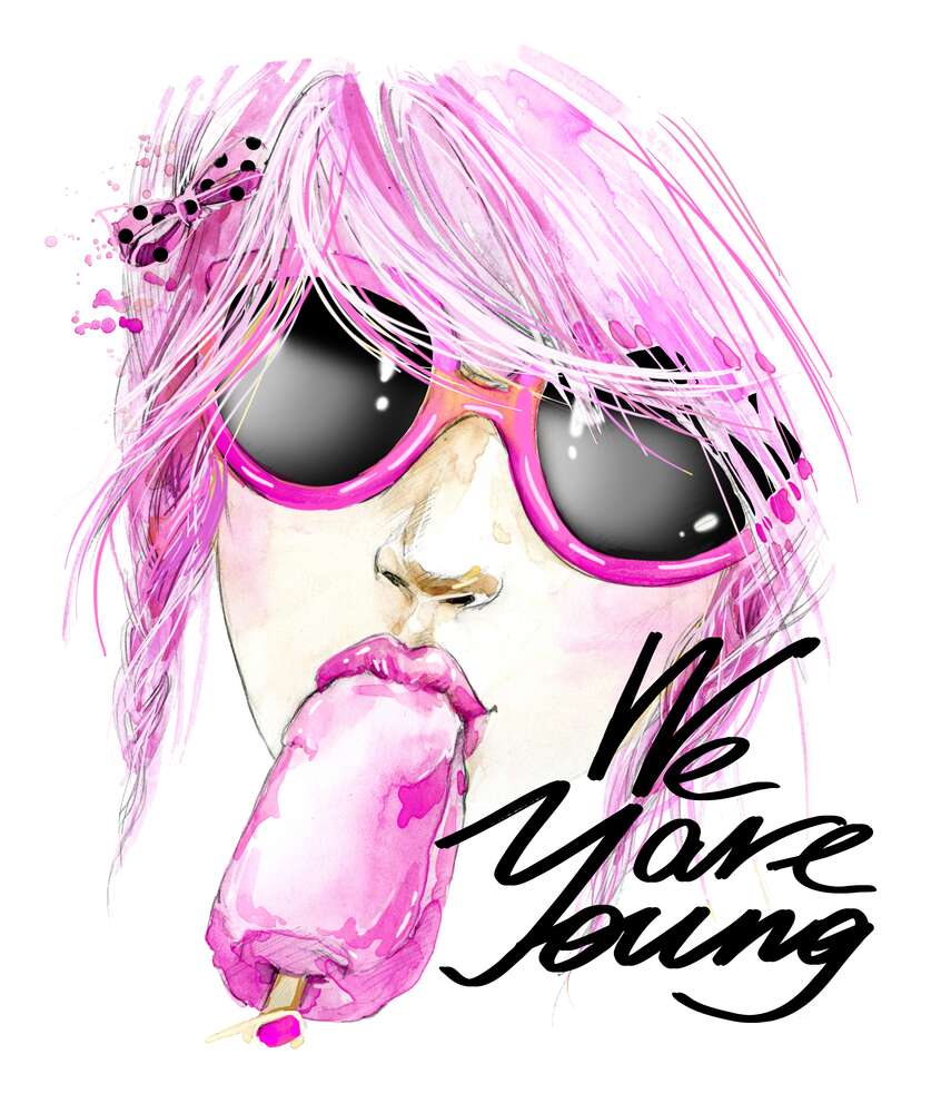 картина-постер Девушка с розовыми волосами смакует мороженое рядом с надписью "we are young"