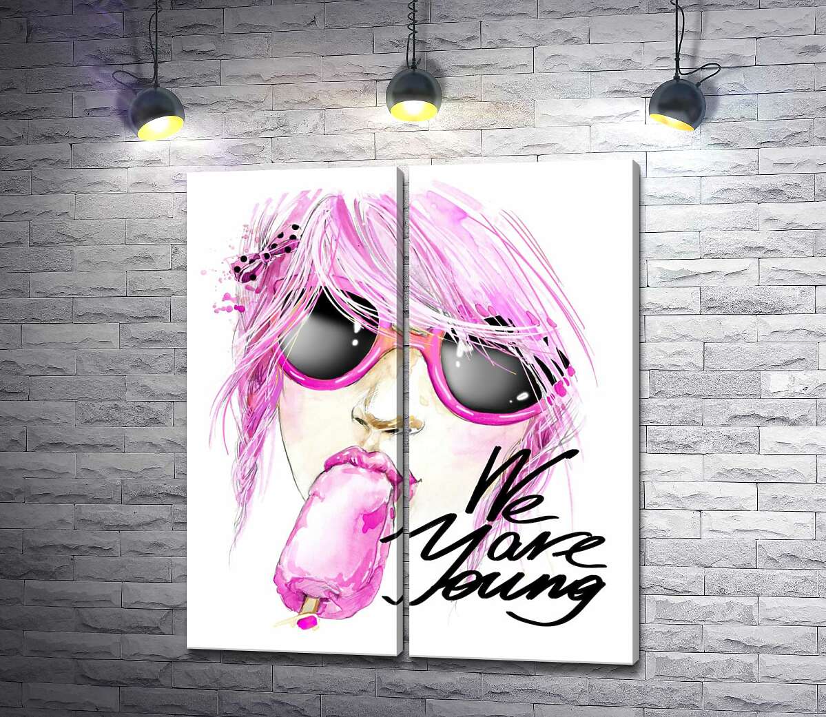 модульная картина Девушка с розовыми волосами смакует мороженое рядом с надписью "we are young"