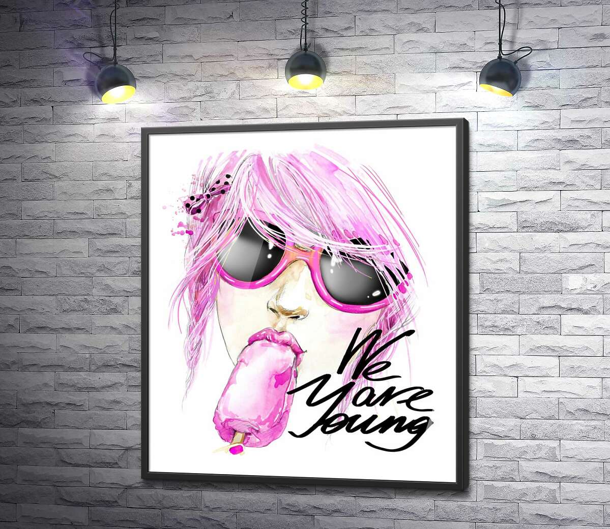 постер Девушка с розовыми волосами смакует мороженое рядом с надписью "we are young"