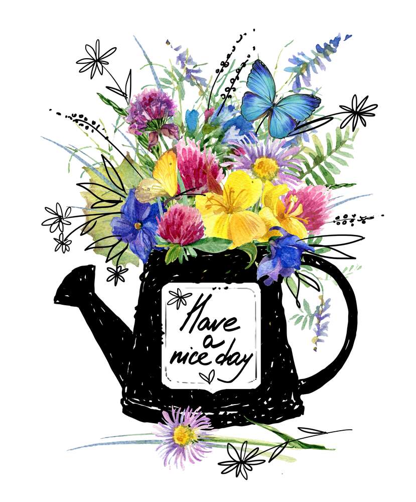 картина-постер Букет полевых цветов в черной лейке с надписью "have a nice day"