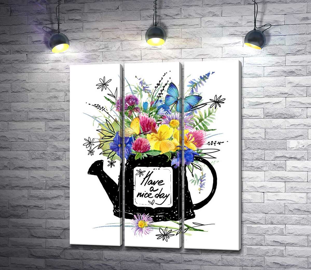 модульна картина Букет польових квітів у чорній лійці з написом "have a nice day"