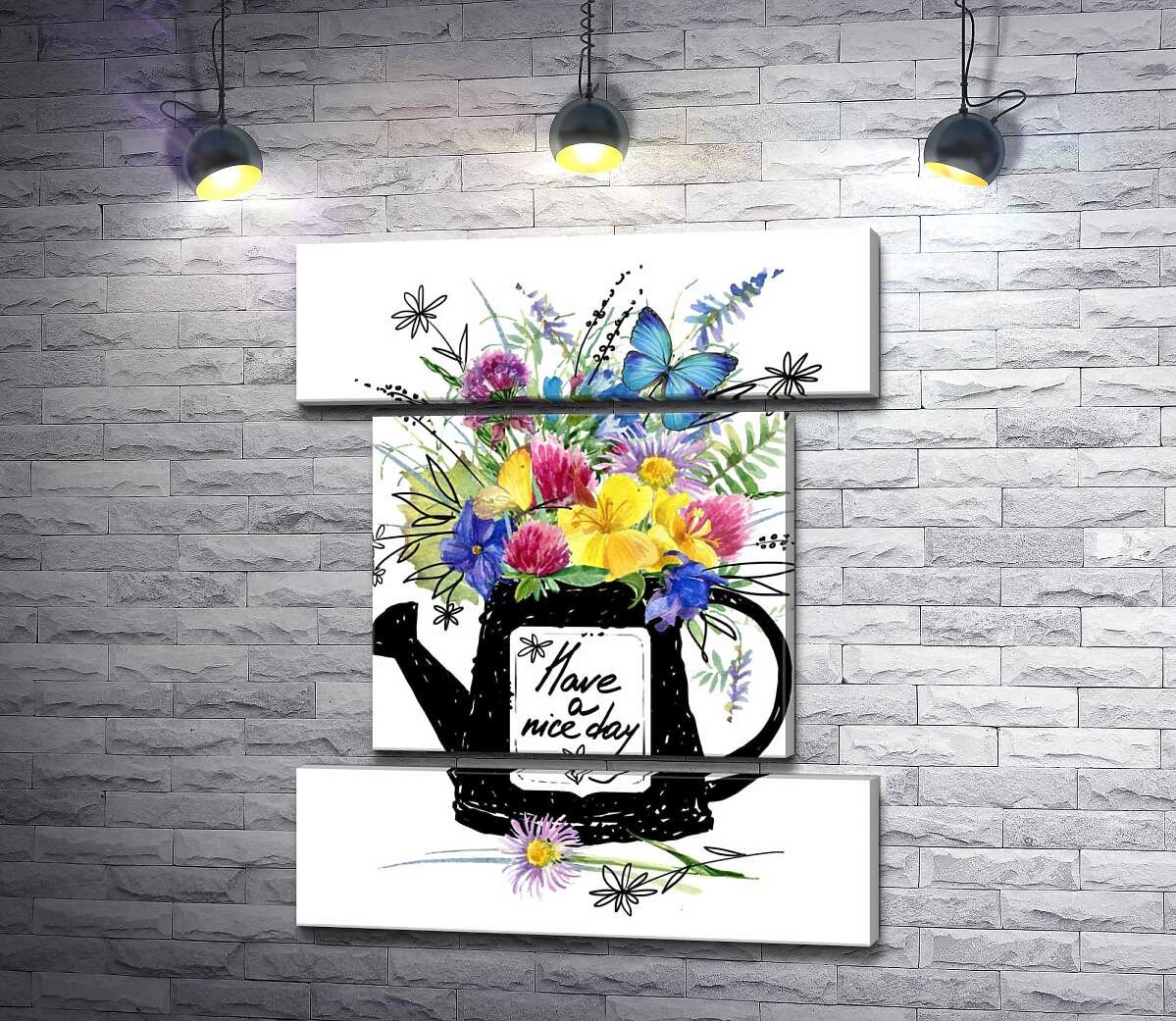 модульна картина Букет польових квітів у чорній лійці з написом "have a nice day" (Модуль №18)