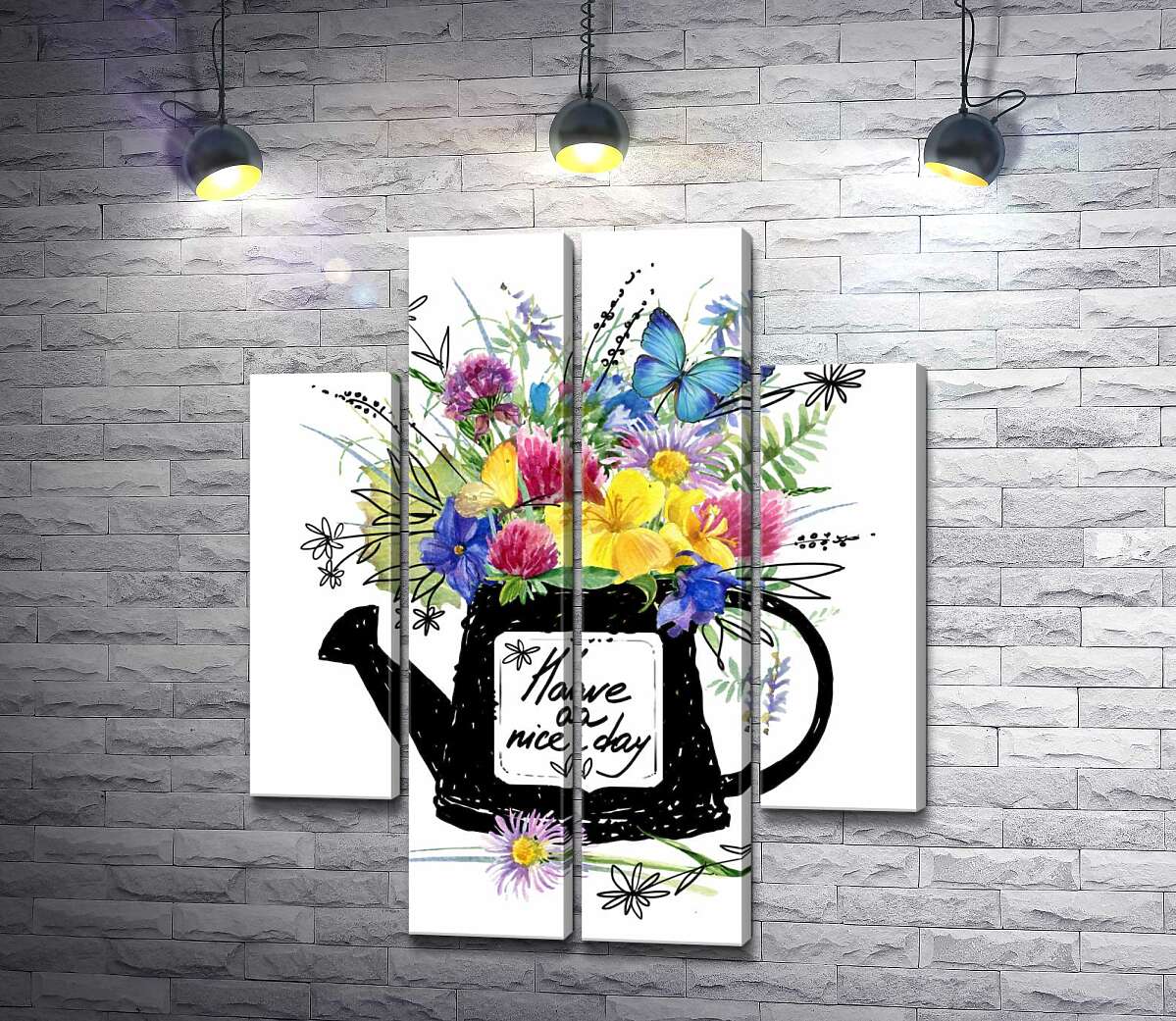 модульна картина Букет польових квітів у чорній лійці з написом "have a nice day" (Модуль №20)