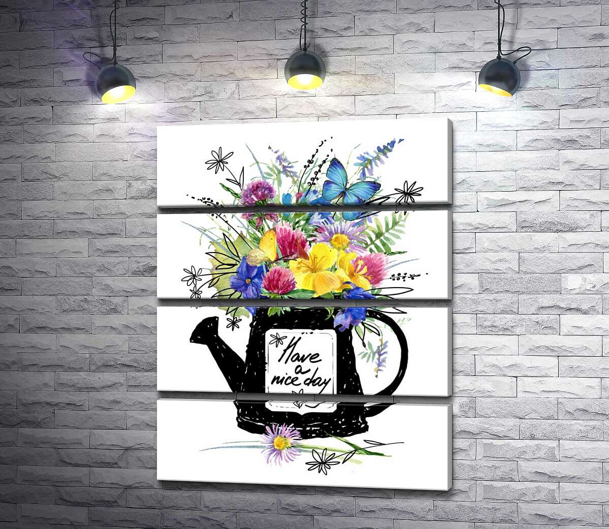 модульна картина Букет польових квітів у чорній лійці з написом "have a nice day" (Модуль №22)
