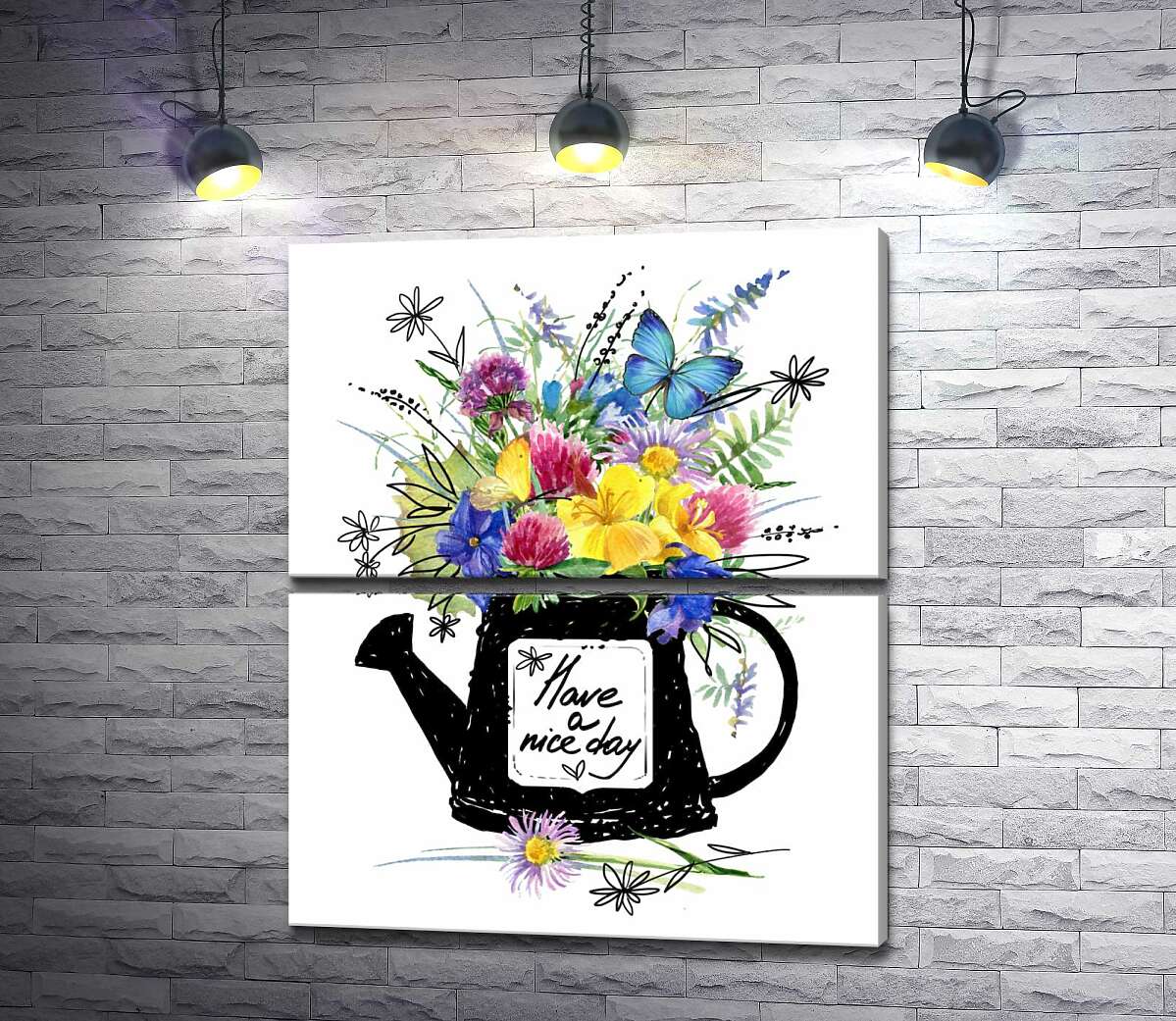 модульная картина Букет полевых цветов в черной лейке с надписью "have a nice day" (Модуль №7)