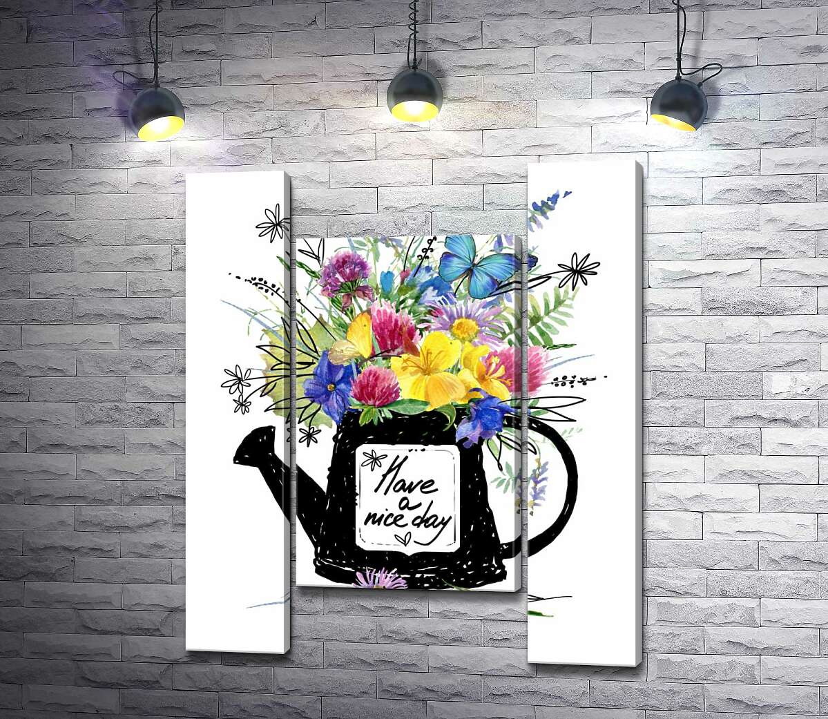 модульна картина Букет польових квітів у чорній лійці з написом "have a nice day" (Модуль №11)