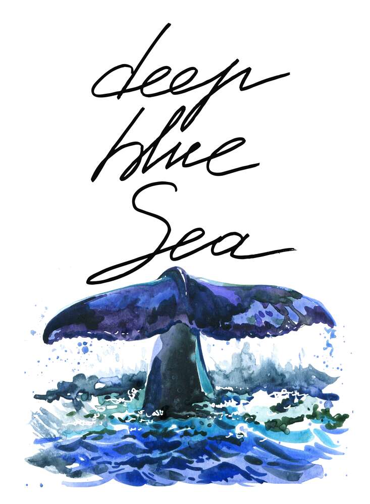 картина-постер Хвост кита над водной поверхностью рядом с надписью "deep blue sea"