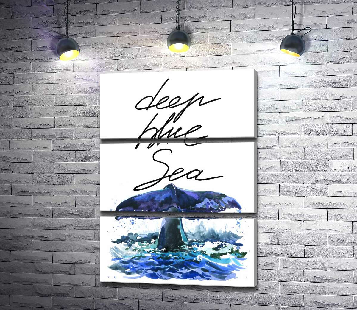 модульна картина Хвіст кита над водною поверхнею поряд з написом "deep blue sea" (Модуль №15)