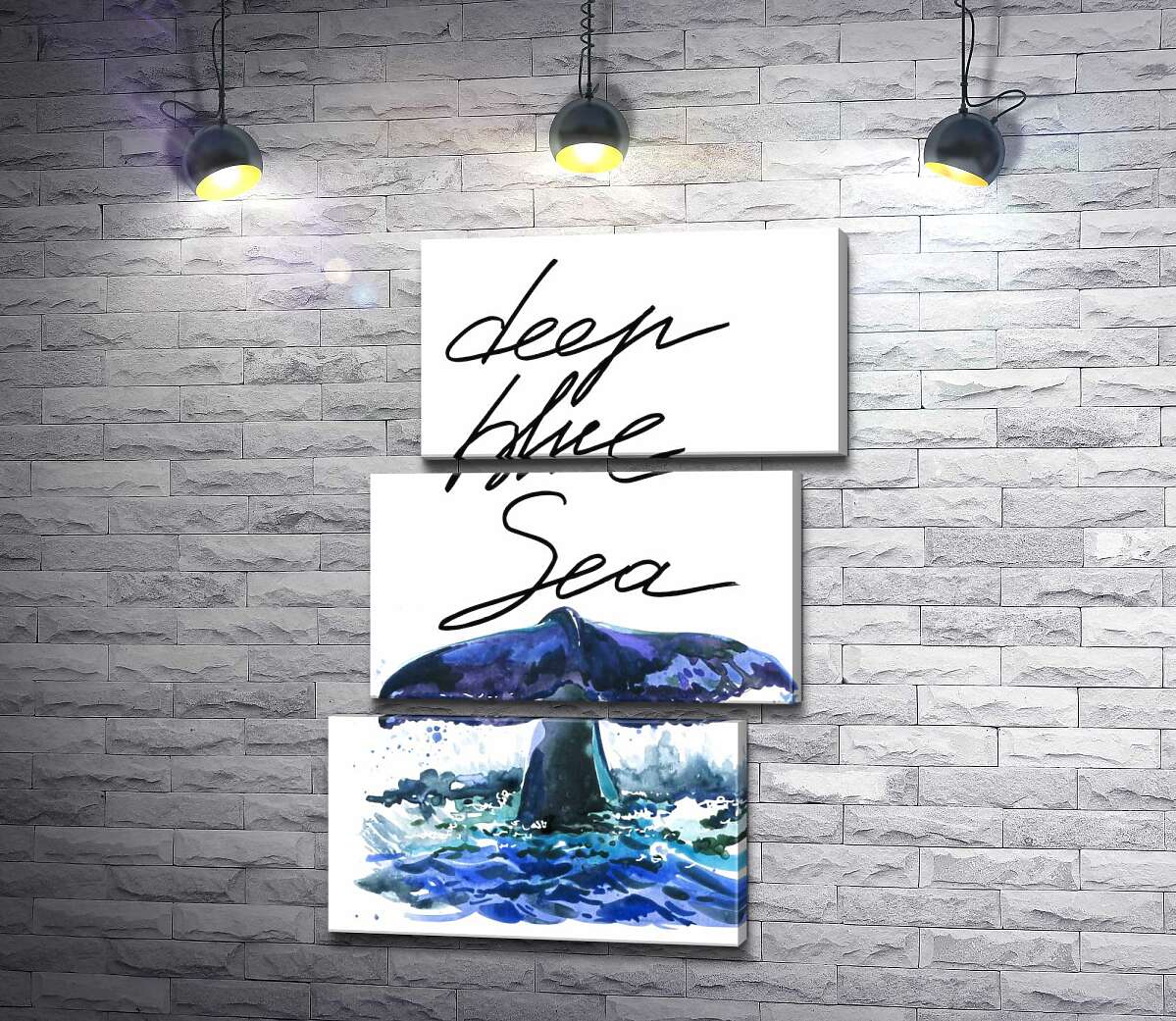 модульна картина Хвіст кита над водною поверхнею поряд з написом "deep blue sea" (Модуль №17)
