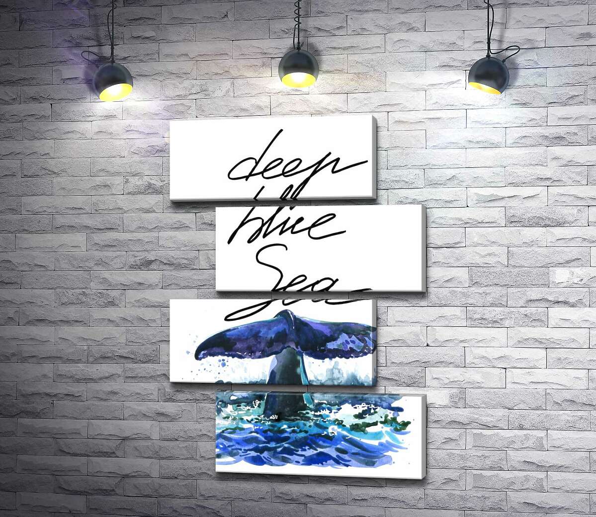 модульна картина Хвіст кита над водною поверхнею поряд з написом "deep blue sea" (Модуль №23)