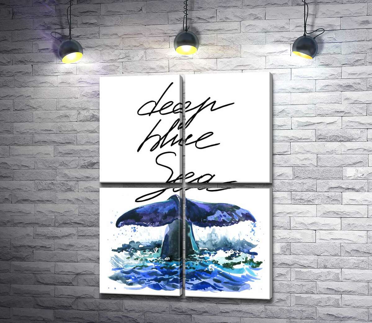 модульна картина Хвіст кита над водною поверхнею поряд з написом "deep blue sea" (Модуль №25)