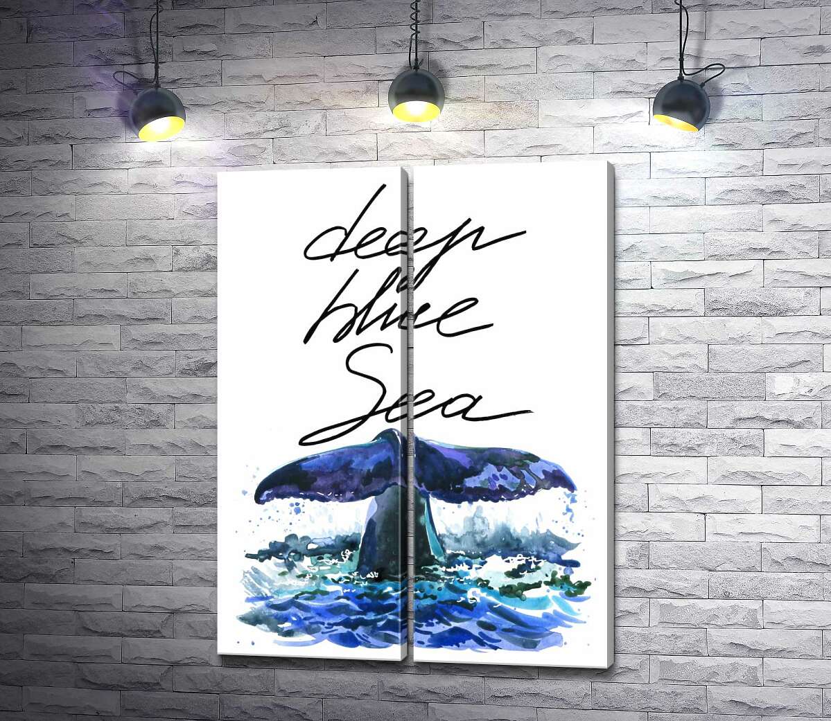модульная картина Хвост кита над водной поверхностью рядом с надписью "deep blue sea"